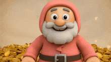 a cartoon character with a beard is standing in front of a pile of golden coins