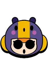 a cartoon character wearing a purple and yellow helmet with a surprised look on his face .