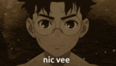 a cartoon of a boy with glasses and the words nic vee below him