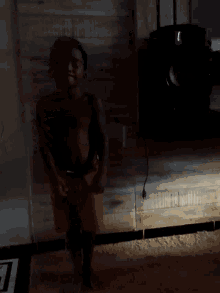 a shadow of a person is cast on a wooden floor in a dark room
