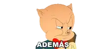 a cartoon pig with the word ademas written on it