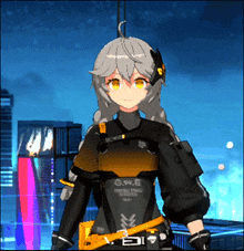 a girl in a black and yellow outfit has a sticker on her chest that says ' n.w.b. '