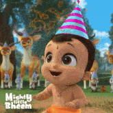 a baby wearing a party hat with mighty little bheem written on the bottom