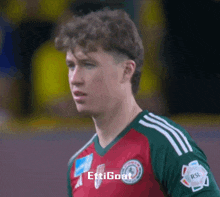 a soccer player wearing a red and green jersey with the word ettigoat on it