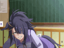 a girl with purple hair is standing in front of a bulletin board that says stop on it