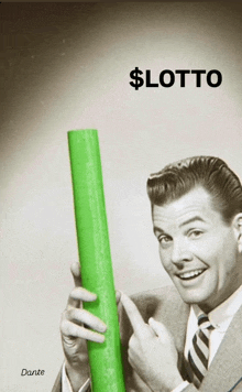 a man in a suit and tie is holding a green tube and pointing at it with the word lotto below him
