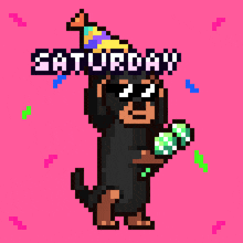 a pixel art drawing of a dog wearing a party hat and sunglasses says saturday saturday saturday