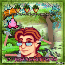 a pixel art of a man holding a hammer with the words " give me back my vegetables "