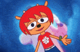 a cartoon character with red hair and a red shirt with a smiley face on it