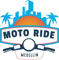 a logo for moto ride medellin with a sunset and palm trees in the background