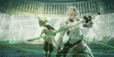 a video game character is holding a sword with a green light behind him