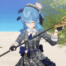 a girl with blue hair and a crown on her head holds a sword