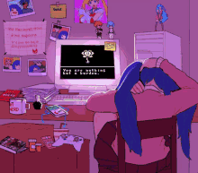 a drawing of a girl sitting in front of a computer that says " you are nothing but a burden " on the screen