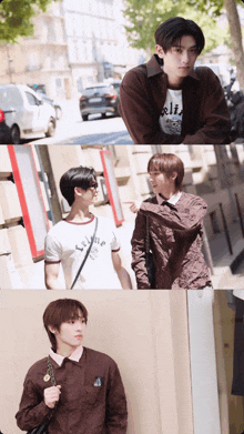 a man wearing a shirt that says ' celine ' on it stands next to another man