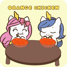 two unicorns eating orange chicken on a table
