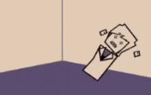 a cartoon of a man in a suit and tie is standing in a corner of a room .