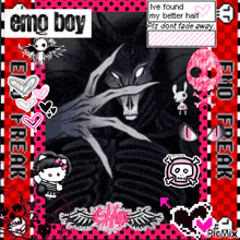 a picture of an emo boy with a skeleton and hello kitty