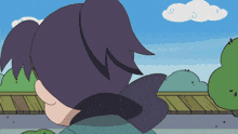 a cartoon character with purple hair and a green jacket