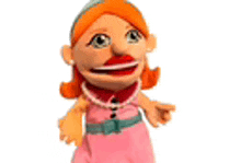 a puppet with orange hair is wearing a pink dress and pointing at something .