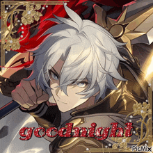 a picture of a man with a sword and the words goodnight on it