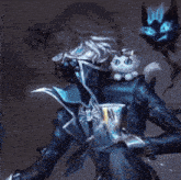 a painting of a knight with a glowing eye and a w on his chest