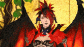 a woman with red hair and black wings is wearing a costume