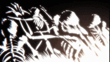 a black and white drawing of a group of skeletons in a dark room