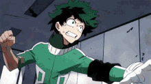 a man in a green and white superhero costume is standing in a room .