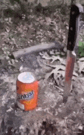 a can of sunkist is next to a knife on the ground .
