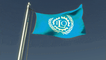 a blue flag that says io on it is waving in the wind