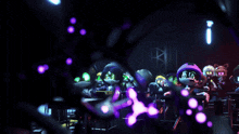 a group of cartoon characters are sitting in a dark room with purple lights behind them