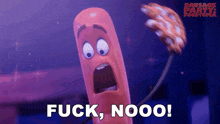 a sausage from the movie sausage party is holding a pizza and saying fuck nooo