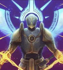 a painting of a knight holding a sword and shield