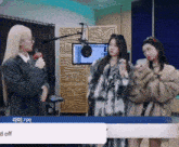 a woman in a fur coat talks into a microphone in a room
