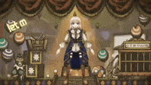 a girl in a blue dress is standing in front of a sign that says circus