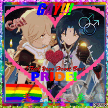 a couple of anime characters standing next to each other in a heart with the words gay i feel your heart beat pride