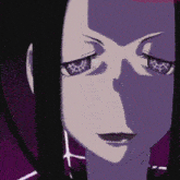 a close up of a girl 's face with purple eyes