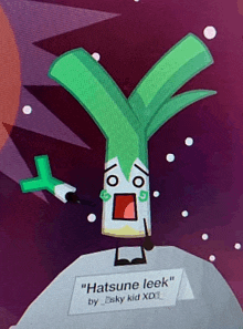 a picture of a cartoon character with a sign that says " hatsune leek " on it