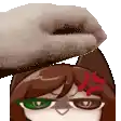 a person is petting a cartoon character 's head with their hand .