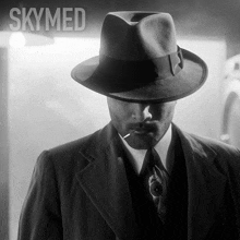 a man in a suit and fedora smoking a cigarette with the words skymed above him