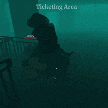 a screenshot of a video game shows a person in a ticketing area