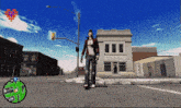 a video game character is standing on a street corner in front of a building