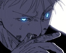 a drawing of a person 's face with blue eyes