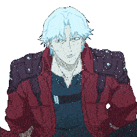 a man with blue hair is wearing a red jacket and a black shirt
