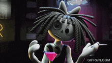 a cartoon character holding a pink martini with gifrun.com written below her