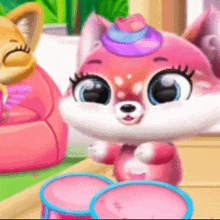 a cartoon cat with a cupcake on its head is playing drums in a living room .