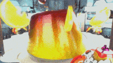 a yellow and red pudding is being cooked in a machine