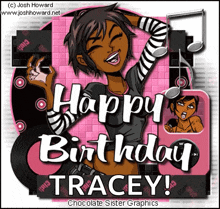 a cartoon drawing of a girl singing happy birthday tracey