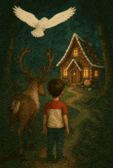 a boy is standing in front of a gingerbread house