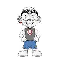 a cartoon character wearing a shirt with a letter u on it